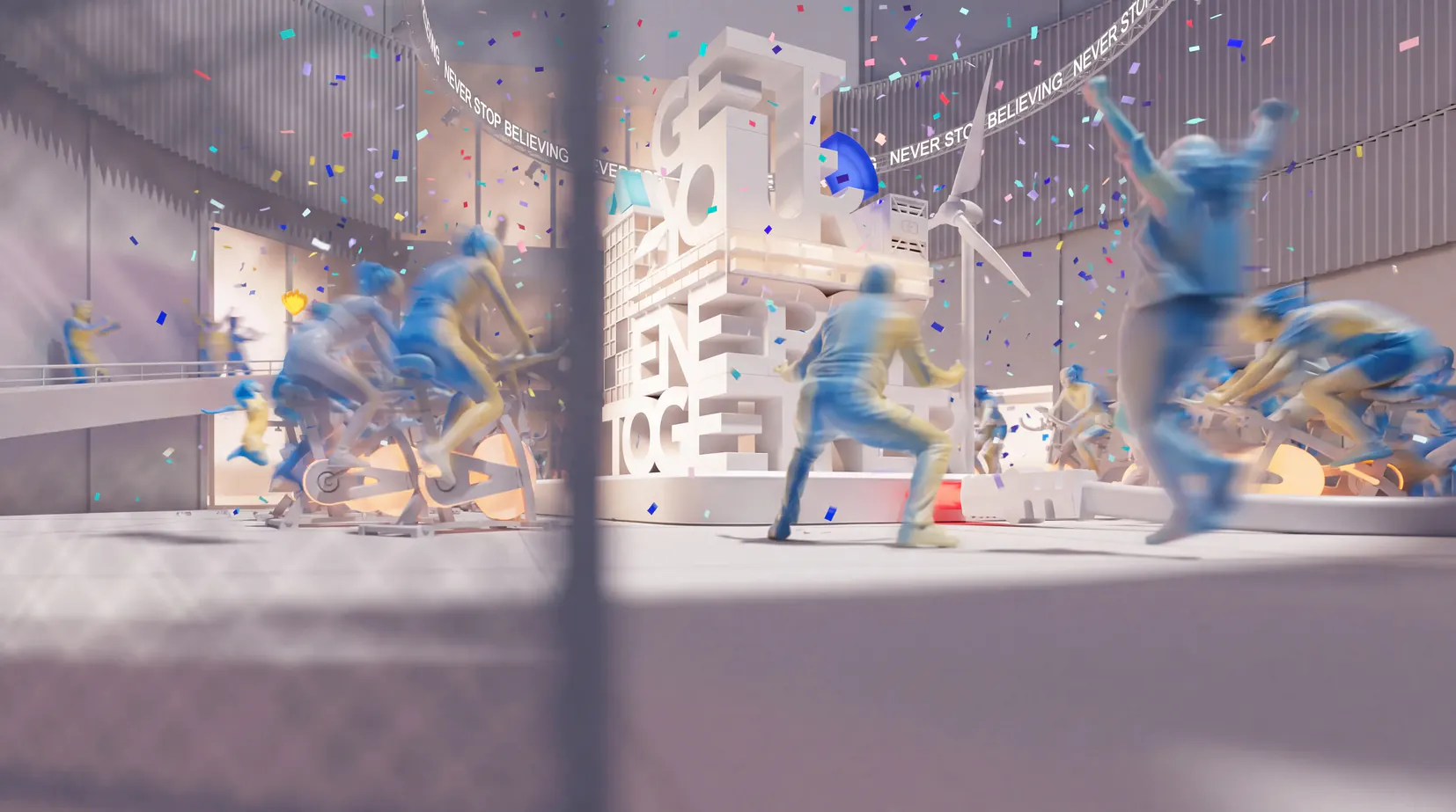 3D-illustratie van het Wintercircus met fietsers op hometrainers rond een wit podium
