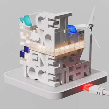 3D-illustratie van een blok met de tekst ‘Get your energy together’, een windturbine en een stekker